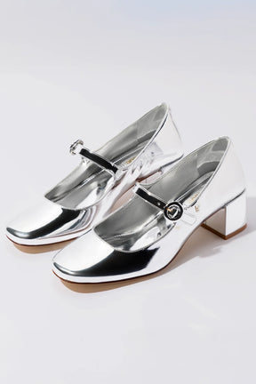 Scarpin Salto Bloco Blair Couro Prateado
