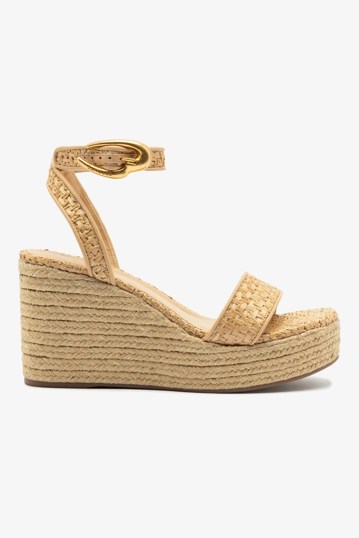 Sandália Anabela Verona Low Ráfia Natural e Couro Bege