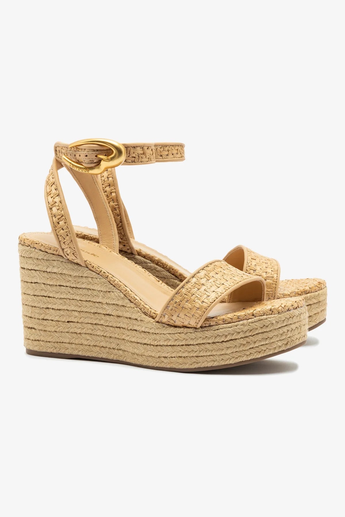 Sandália Anabela Verona Low Ráfia Natural e Couro Bege