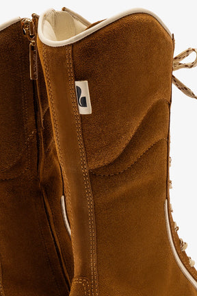 Larroudé x Jonathan Cohen Flat Lo Sneaker Boot In Russet Suede and Ivory Leather