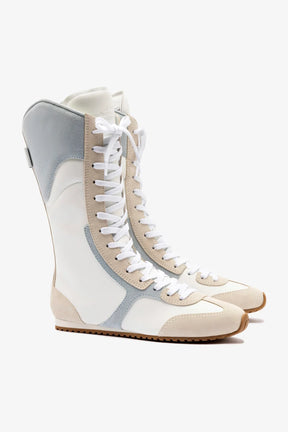 Larroudé x Jonathan Cohen Flat Lo Sneaker Boot In White Leather, Maya and Mushroom Grey Suede