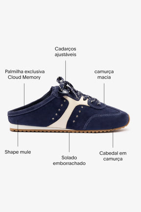 Mule Stella Camurça Azul e Couro Off White