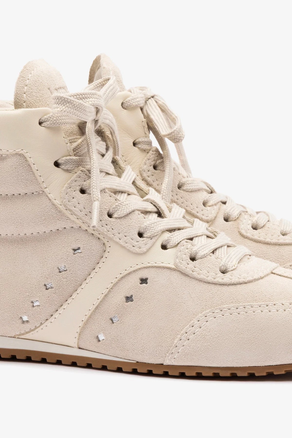 Tênis Cano Médio Stella Camurça Cinza e Couro Off White