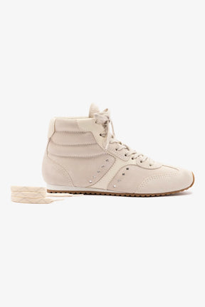 Tênis Cano Médio Stella Camurça Cinza e Couro Off White