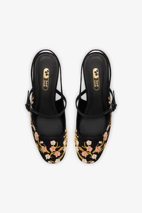 Slingback Georgina Sakura Seda Preto e Bordado Floral