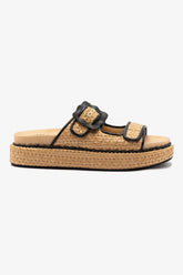 Flat Maui Ráfia Natural e Couro Preto