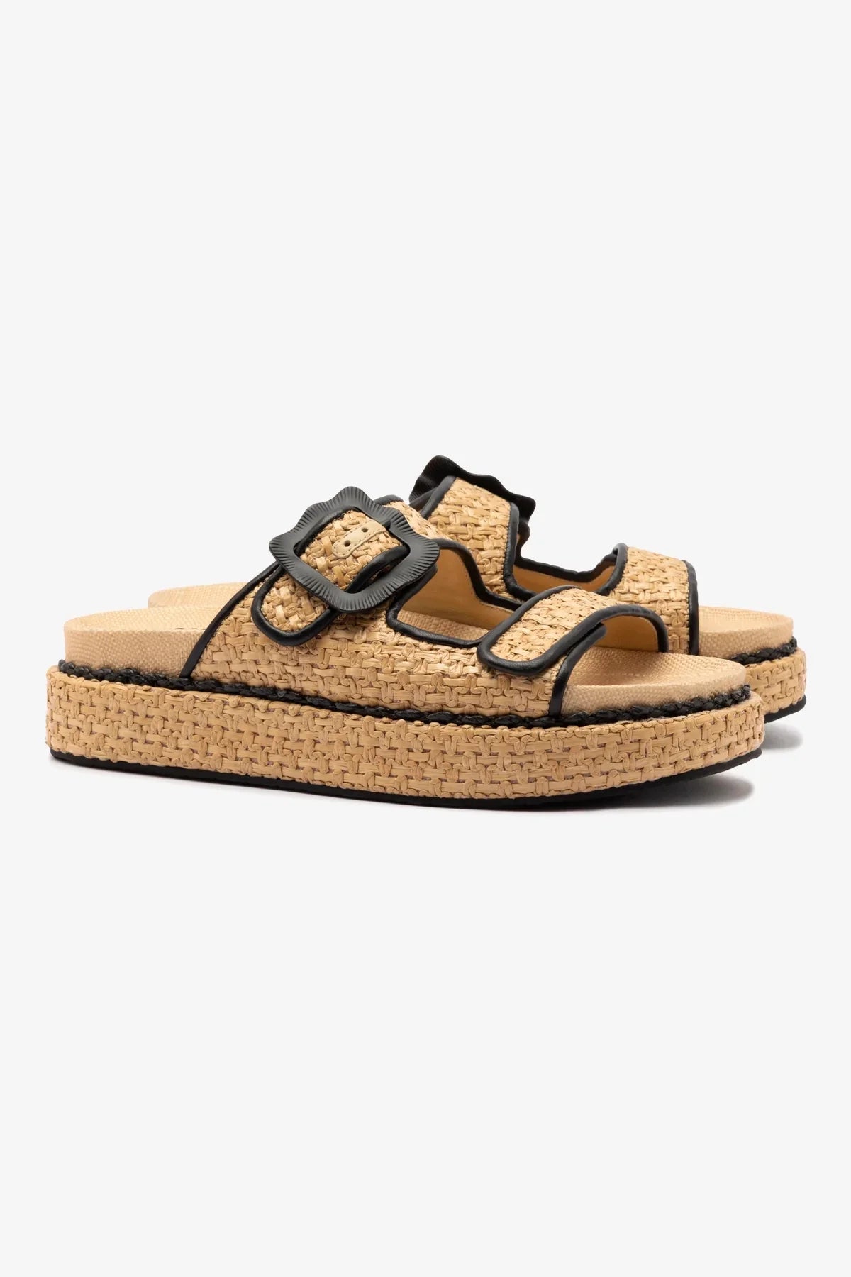 Flat Maui Ráfia Natural e Couro Preto
