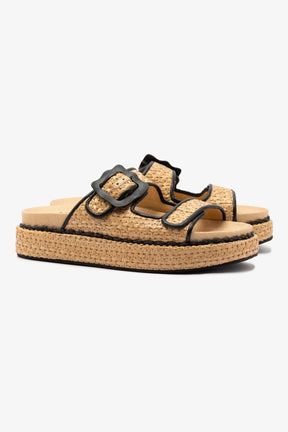 Flat Maui Ráfia Natural e Couro Preto