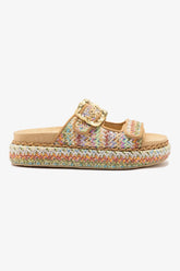Flat Maui Ráfia Multicor e Couro Bege