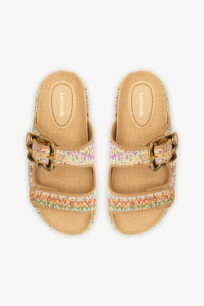 Flat Maui Ráfia Multicor e Couro Bege