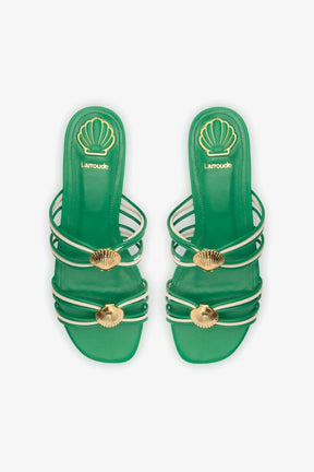 Shelly Flat Mule In Evergreen and Ivory Leather