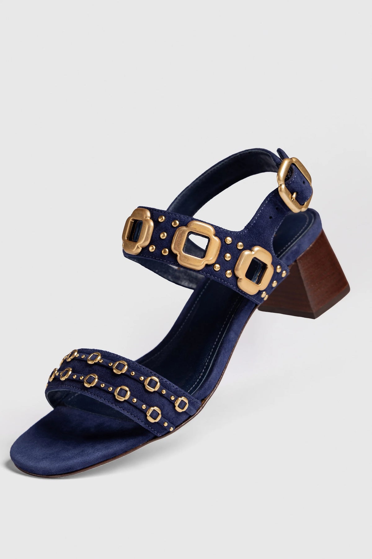 Sandália Salto Bloco Milan Azul e Tachas Dourado