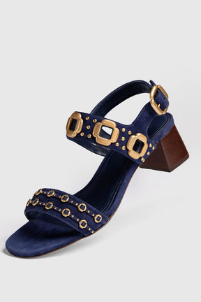 Sandália Salto Bloco Milan Azul e Tachas Dourado