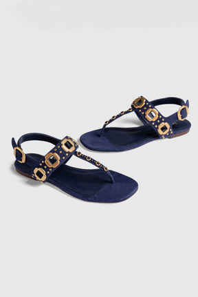 Sandália Flat Milan Couro Azul e Tachas Dourado