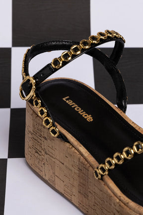 Flatform Gio Milanina Couro Verniz Preto e Cortiça