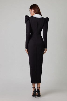 Vestido Midi com Gola Peter Pan e Decote em V - Kathy