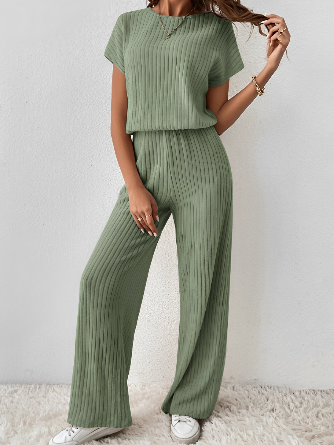 Conjunto Feminino Longo de Malha com  Blusa  Manga Morcego  e Calça Pantalona– Maite