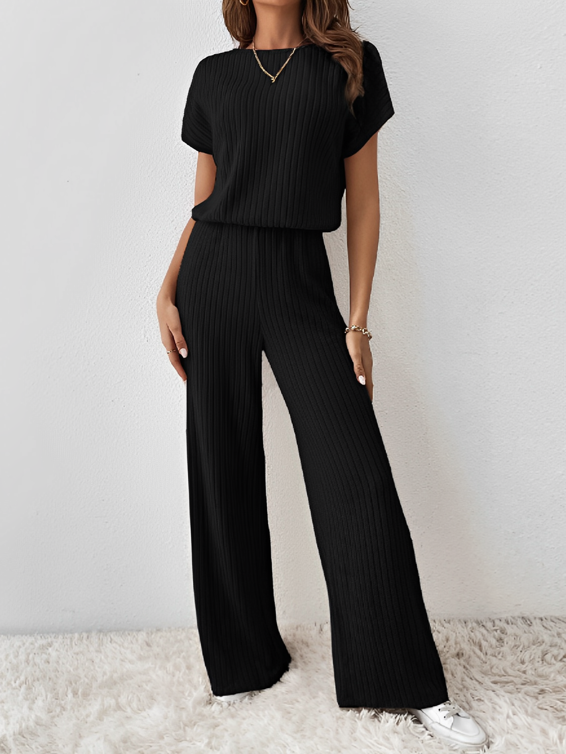 Conjunto Feminino Longo de Malha com  Blusa  Manga Morcego  e Calça Pantalona– Maite