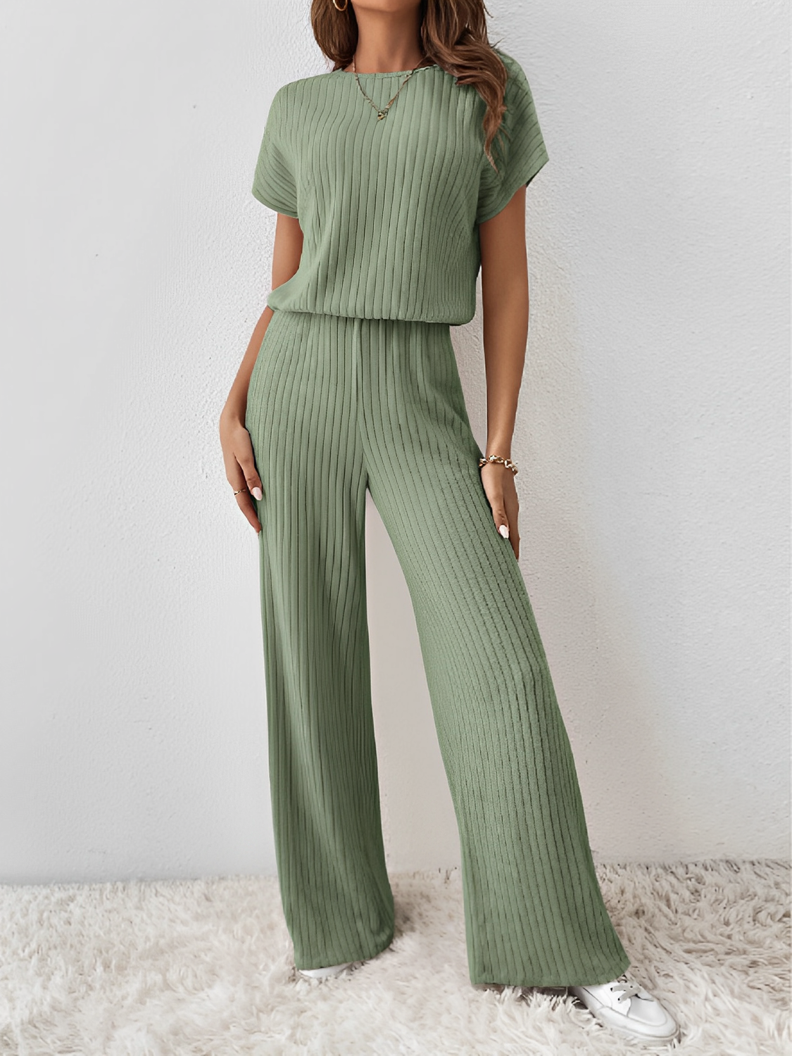 Conjunto Feminino Longo de Malha com  Blusa  Manga Morcego  e Calça Pantalona– Maite